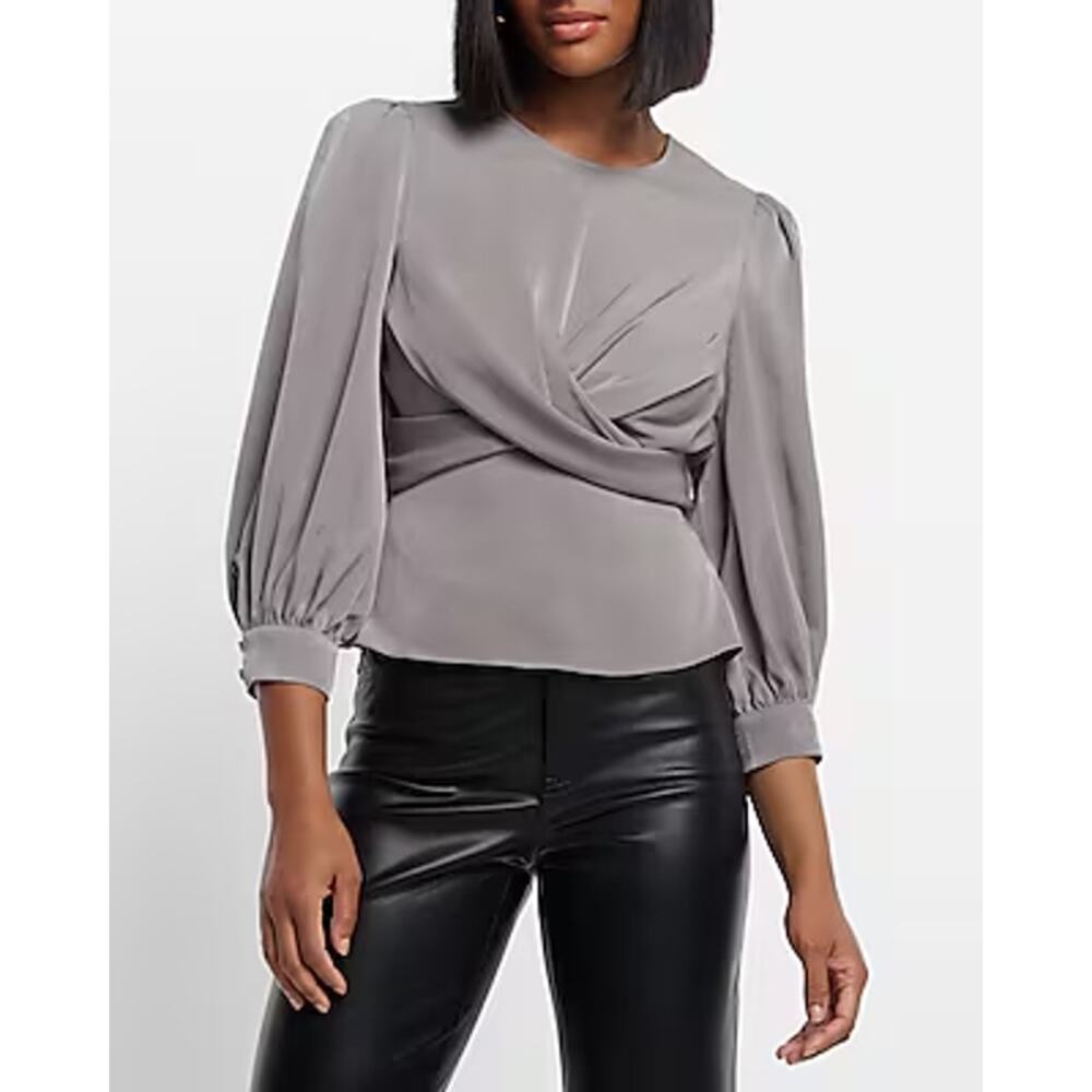 Express Satin Crew Neck Puff Sleeve Wrap Top Women's Size S